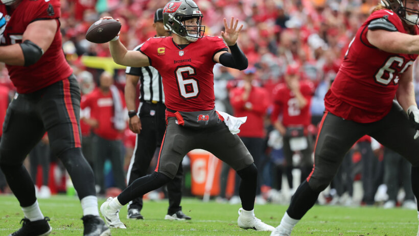 Tampa Bay Buccaneers quarterback Baker Mayfield throwing a pass