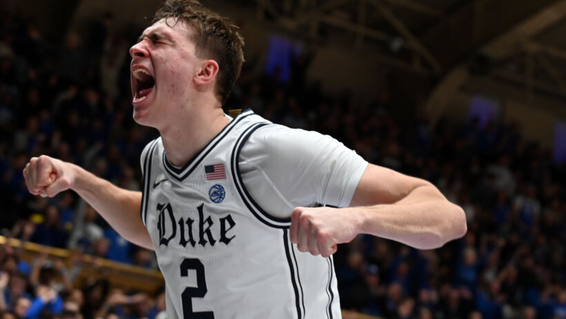 Cooper Flagg celebrates versus Notre Dame.