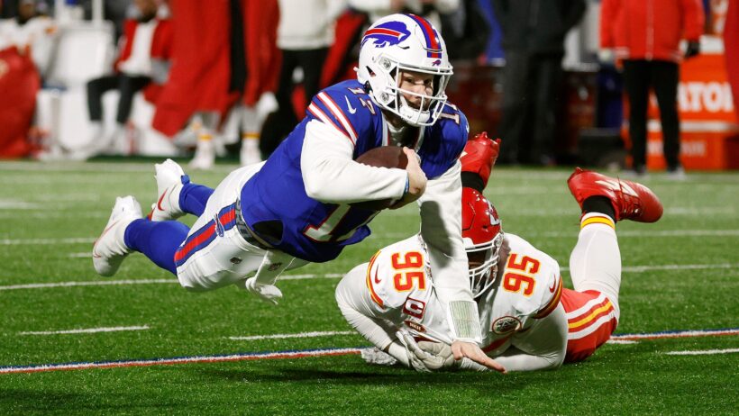 Buffalo Bills quarterback Josh Allen diving for a first down against the Kansas City Chiefs