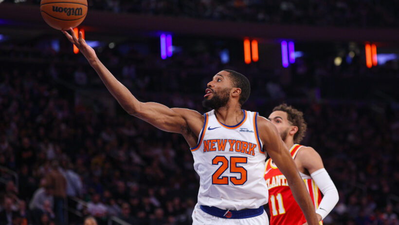 Mikal Bridges goes in for a layup versus the Hawks.