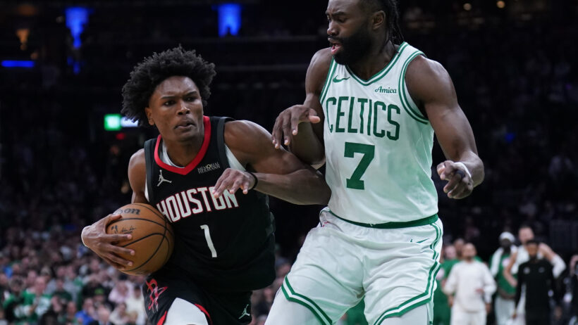 Amen Thompson driving on Jaylen Brown