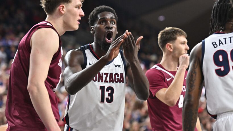 Gonzaga Bulldogs forward Graham Ike gestures to the referee after a play