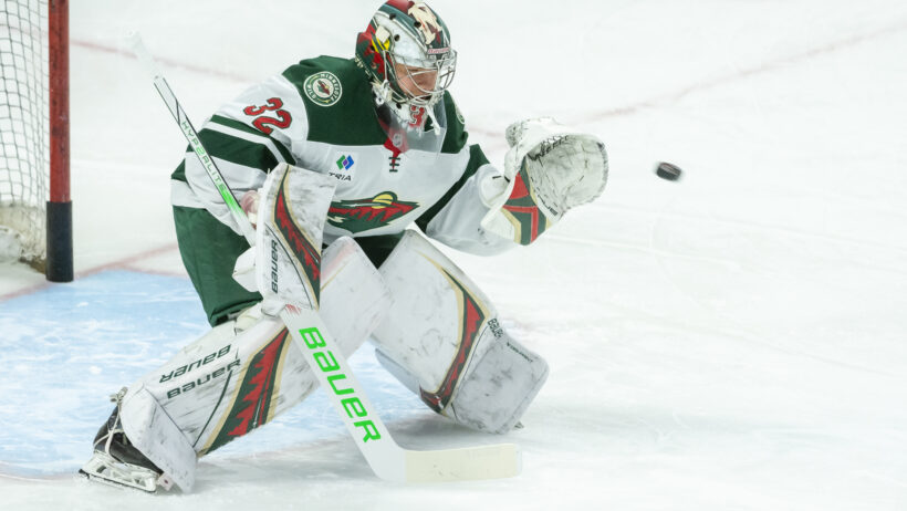 Minnesota Wild goalie Filip Gustavsson warms up prior to game