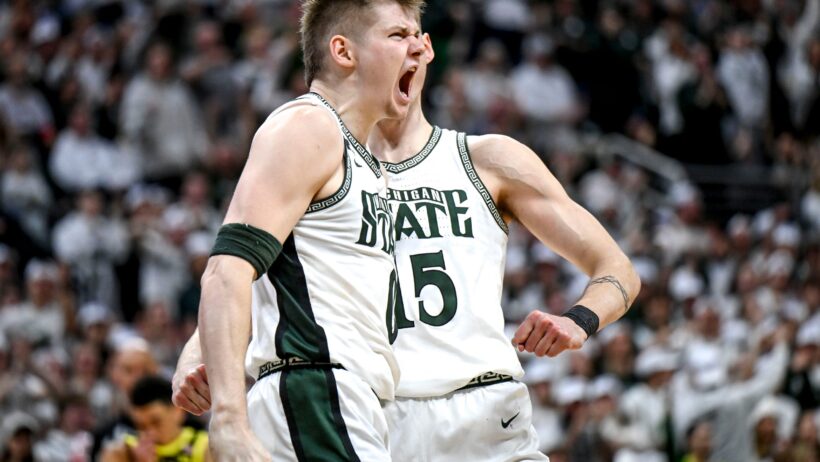 Michigan State's Jaxon Kohler celebrating an and-one