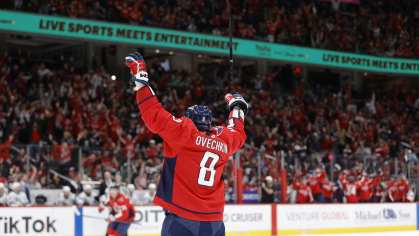 Alex Ovechkin celebrates after an assist