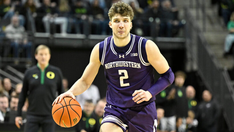Northwestern Wildcats forward Nick Martinelli dribbling up the floor
