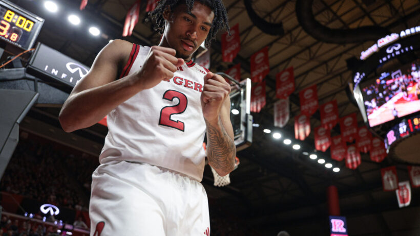 Rutgers Scarlet Knights guard Dylan Harper fist pumps after scoring a bucket