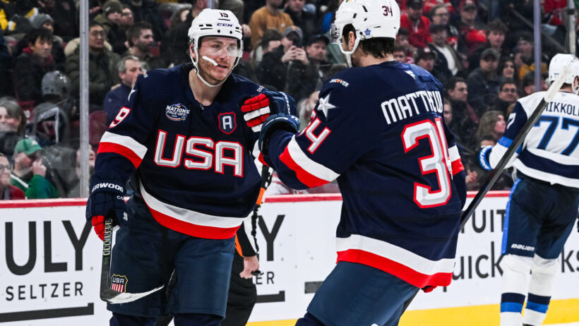 Team USA forward Matthew Tkachuk celebrates with Team USA forward Auston Matthews