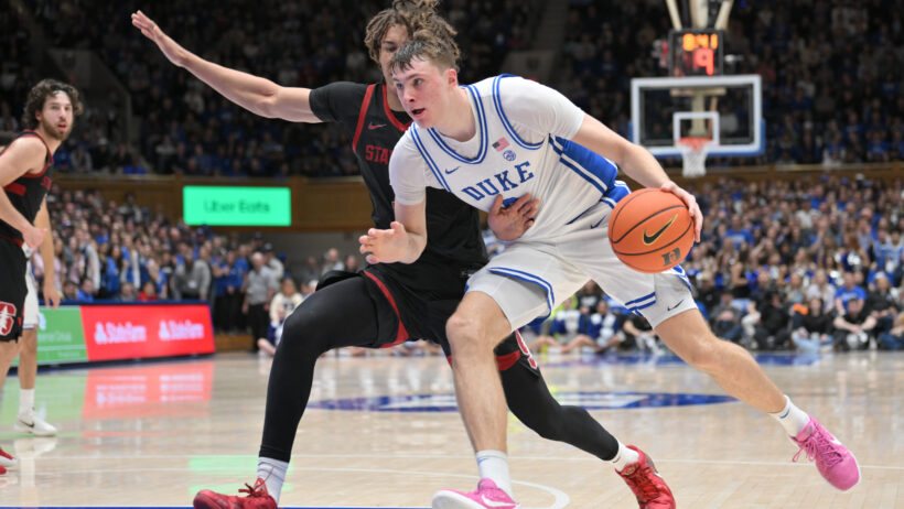 Duke Blue Devils forward Cooper Flagg drives to the basket against the Stanford Cardinal