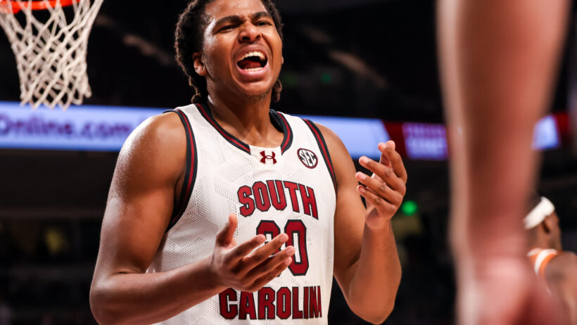 South Carolina Gamecocks forward Collin Murray-Boyles disputes a call