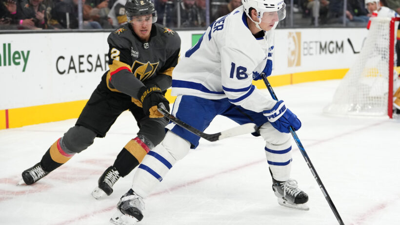 Toronto Maple Leafs right wing Mitch Marner takes a slash vs Vegas