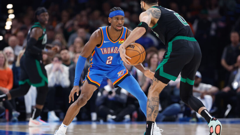 Shai Gilgeous-Alexander defending Jayson Tatum