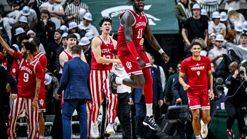 Indiana's Oumar Ballo jumps in celebration