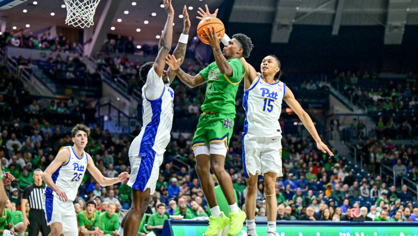 Notre Dame Fighting Irish guard Markus Burton goes for a layup against the Pitt Panthers