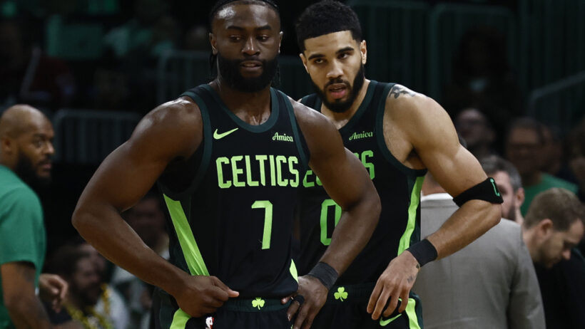 Jaylen Brown and Jayson Tatum standing