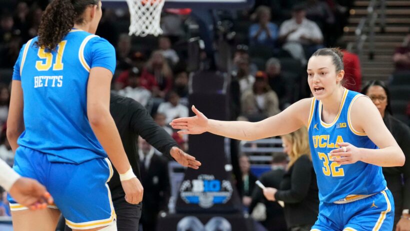 UCLA Bruins forward Angela Dugalić high fives center Lauren Betts