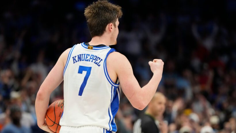 Duke Blue Devils guard Kon Knueppel fist pumping after a win