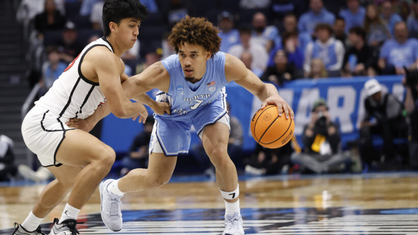 North Carolina Tar Heels guard Seth Trimble dribbles while San Diego State Aztecs guard Kimo Ferrari defends