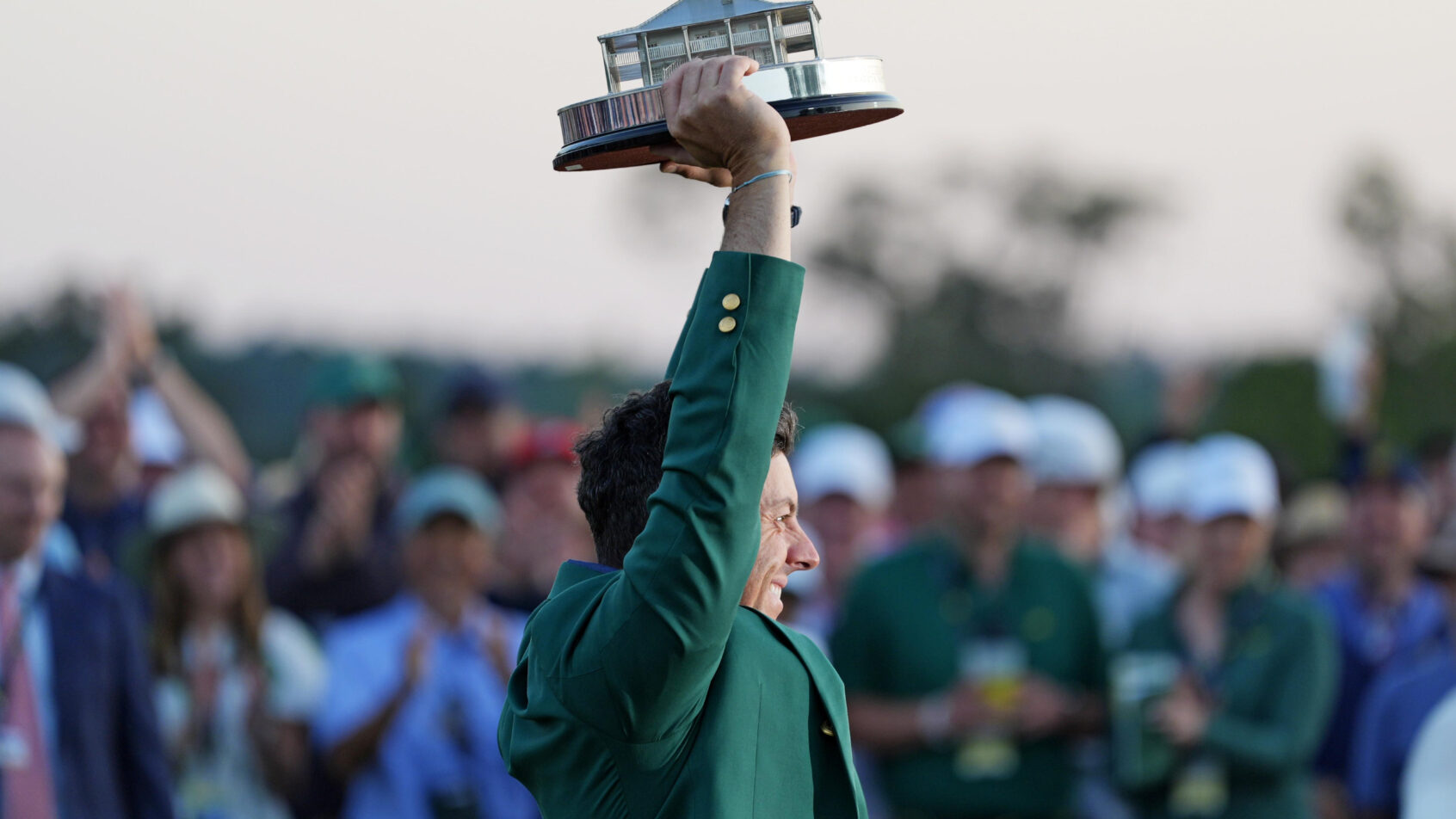 Rory McIlroy celebrates after winning the 2025 Masters