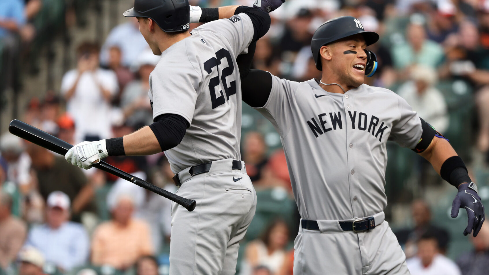 New York Yankees outfielder Aaron Judge celebrates with first baseman Ben Rice