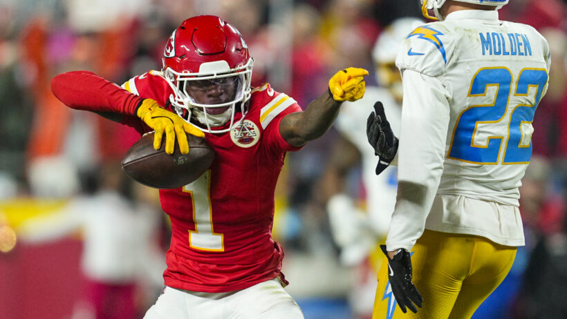 KC Chiefs WR Xavier Worthy celebrates a first down against the LA Chargers