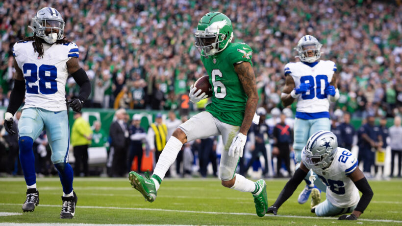 Philadelphia Eagles wide receiver DeVonta Smith scoring a TD against the Dallas Cowboys