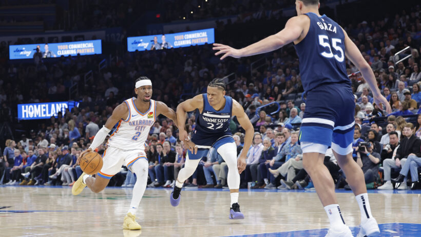 Oklahoma City Thunder guard Shai Gilgeous-Alexander drives to the basket against the Minnesota Timberwolves