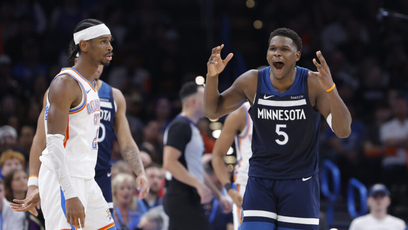 Minnesota Timberwolves guard Anthony Edwards reacts to a call against the OKC Thunder