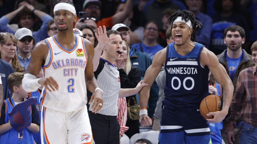 Minnesota Timberwolves guard Terrence Shannon Jr celebrates a win over the OKC Thunder