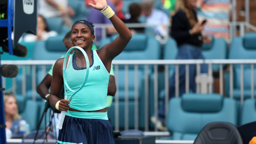 Coco Gauff waves to the fans after a victory in Miami.