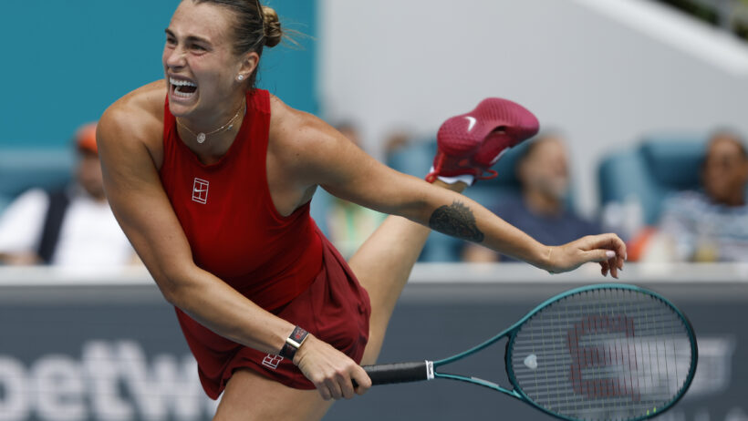 Aryna Sabalenka serves during the final of the Miami Open.