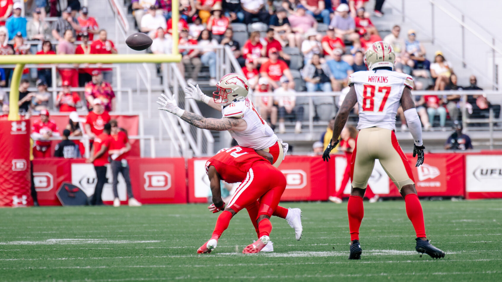 Baltimore Stallions tight end Jace Sternberger attempts to make a contested catch.