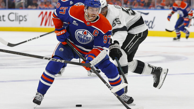 Connor McDavid cruises into the Kings zone during a Round 1 game.