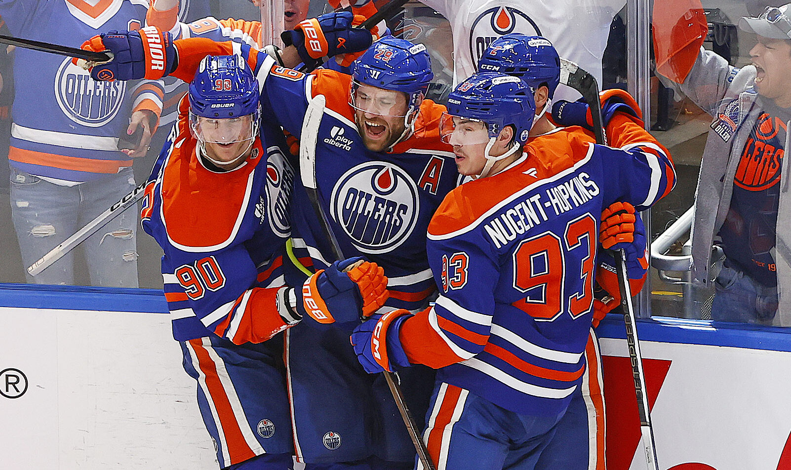 Leon Draisaitl celebrates an OT goal vs the Kings.
