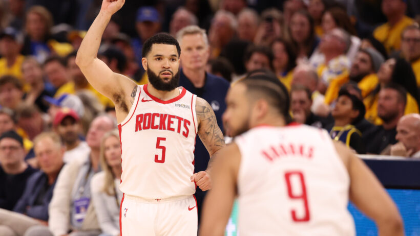 Houston Rockets guard Fred VanVleet celebrates a basket