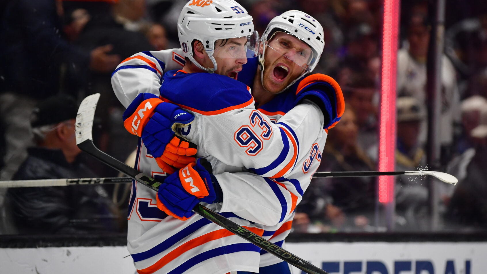 Connor McDavid and Ryan Nugent-Hopkins celebrating