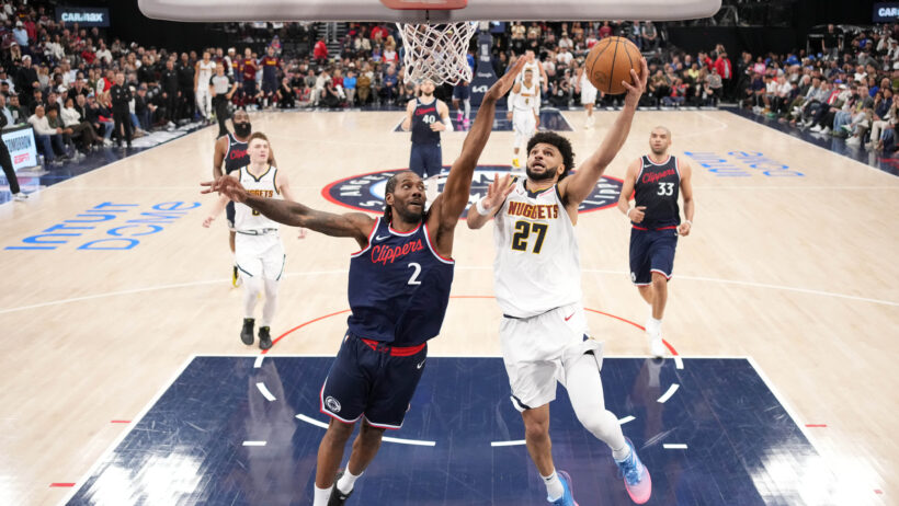 Jamal Murray layup contested by Kawhi Leonard