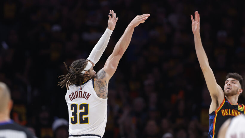 Denver Nuggets forward Aaron Gordon shoots the go-ahead three against the OKC Thunder in Game 1 on May 5, 2025