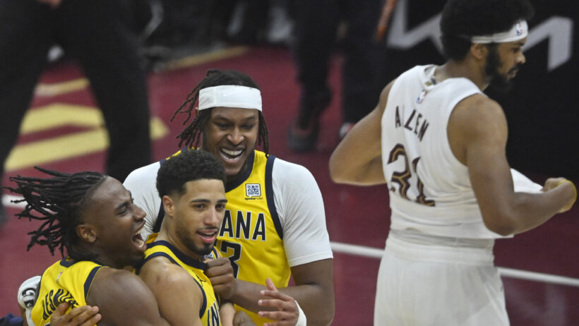 Indiana Pacers celebrating a win over the Cleveland Cavaliers