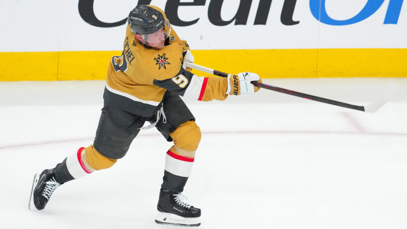 Vegas Golden Knights Jack Eichel shoots puck