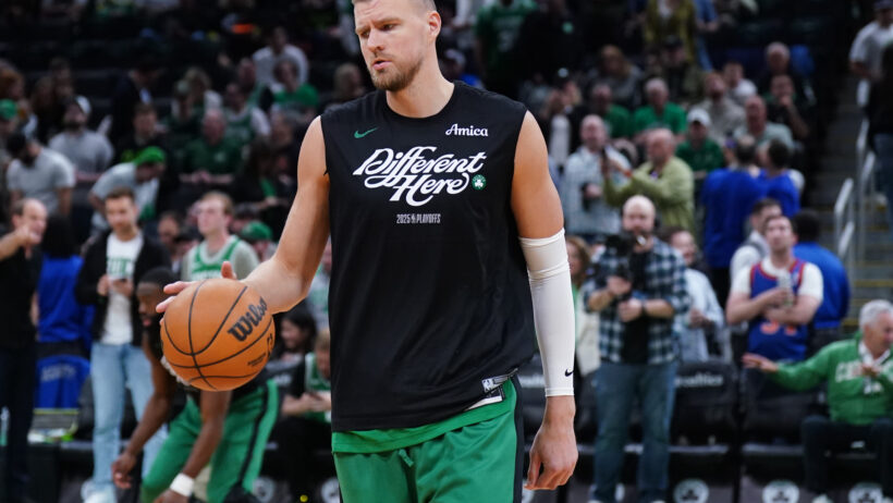 Kristaps Porzingis during warmup of a Celtics vs Knicks playoff contest.