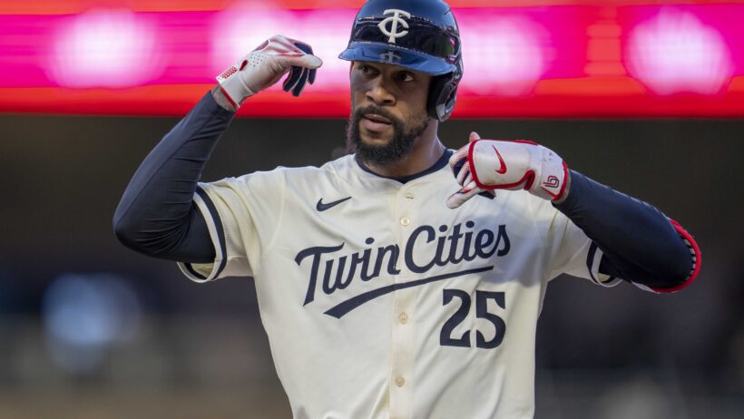 Byron Buxton celebrating after a hit