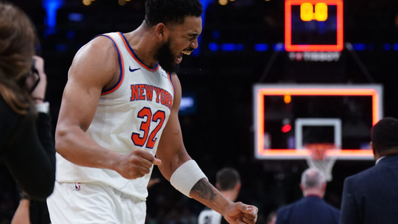 New York Knicks center Karl-Anthony Towns celebrates a win over the Boston Celtics