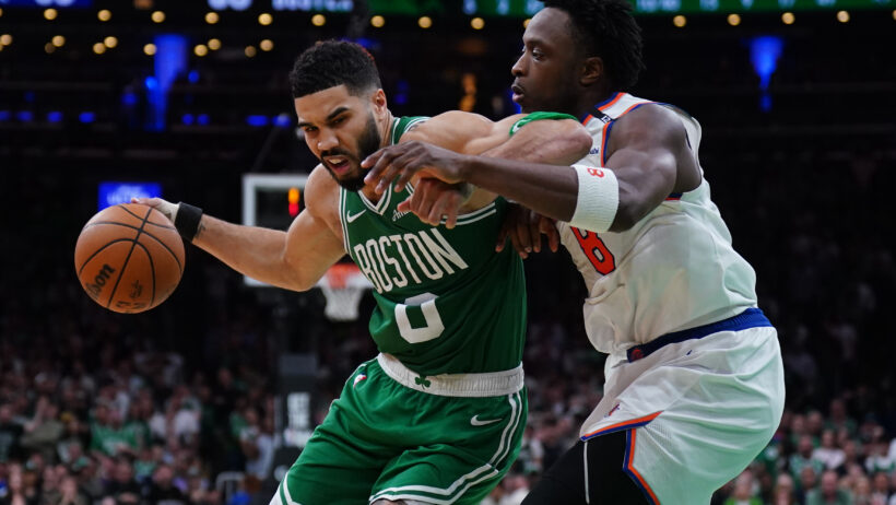 New York Knicks forward OG Anunoby defends against Boston Celtics forward Jayson Tatum