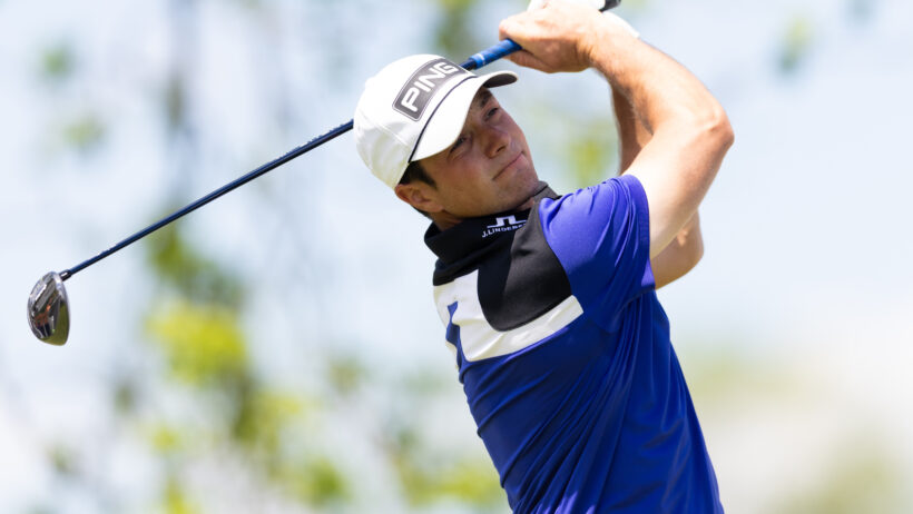 Viktor Hovland tees off at the Truist Championship.