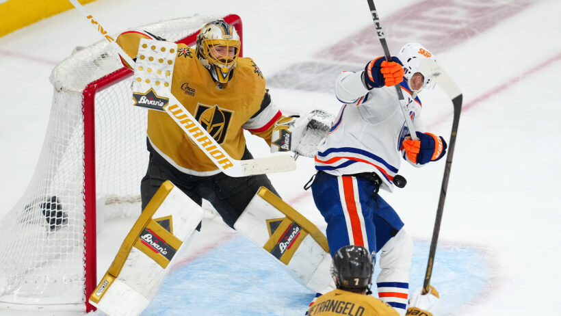 Vegas Golden Knights goaltender Adin Hill defends his net vs Edmonton Oilers