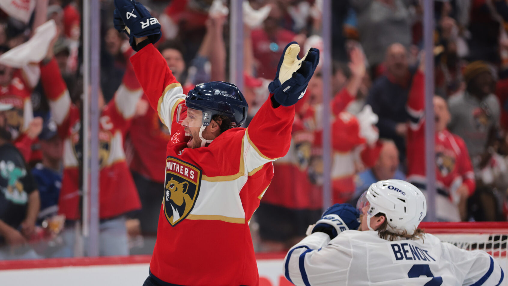 Carter Verhaeghe celebrates a goal vs Toronto.