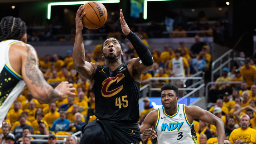 Cleveland Cavaliers guard Donovan Mitchell shooting a floater against the Indiana Pacers