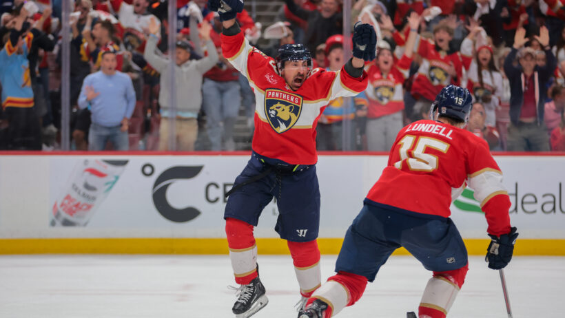 Brad Marchand celebrates an OT winner versus Toronto.