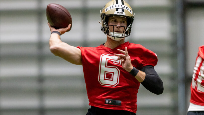Tyler Shough fires a pass at Saints mini camp.